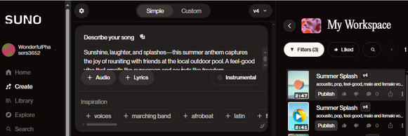 Suno Simple View for Creating a Song Based on a Short Description