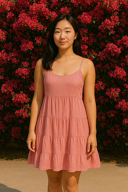 Asiatische Frau im rosa Sommerkleid vor pinker Bougainvillea – Fotorealistische Szene